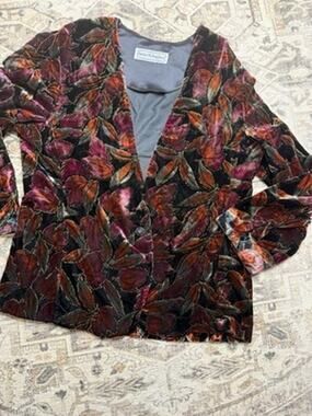 Vintage Norton McNaughton Velvet Blazer L Leaf Print Floral Metallic Button